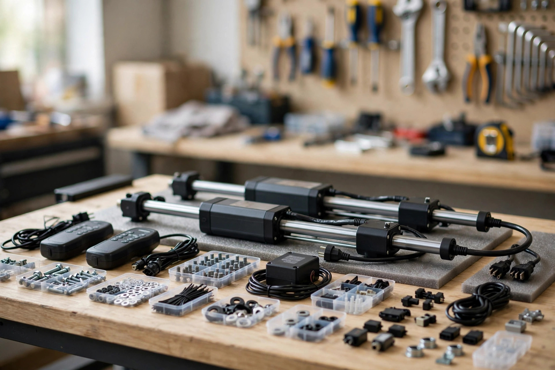 A technician servicing an adjustable bed actuator with spare parts organized nearby