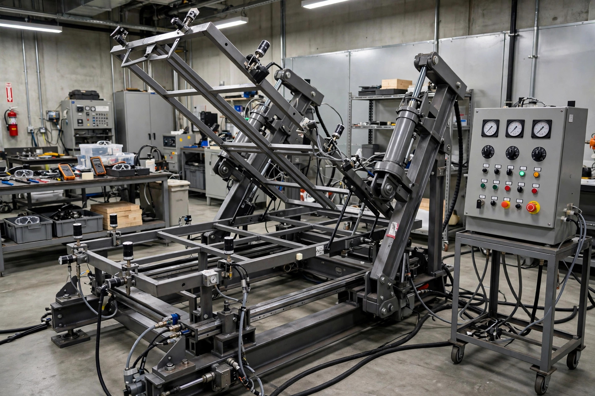 Adjustable bed frame on a durability cycle-test rig in a laboratory