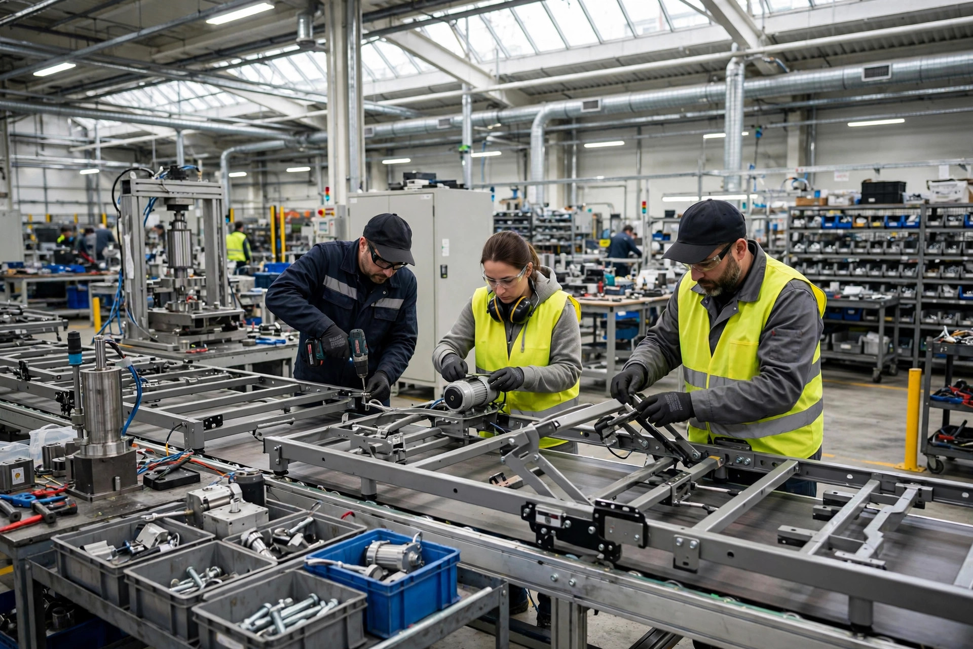 Adjustable bed frames being assembled on a factory production line