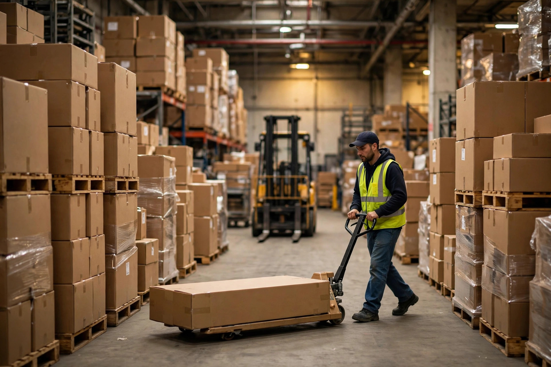 Warehouse worker moving a long flat shipping carton