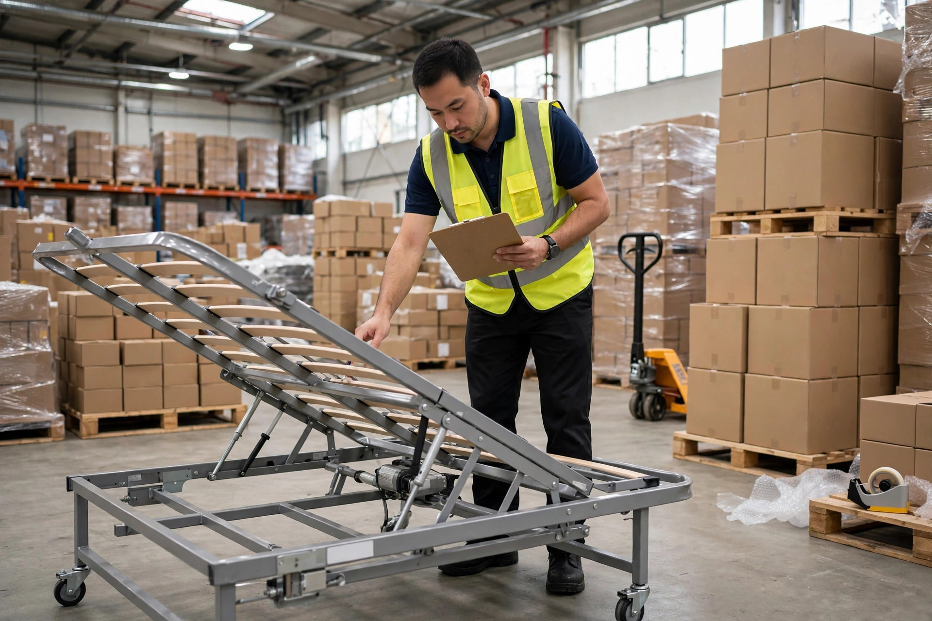 A QC inspector checking an adjustable bed frame during pre-shipment inspection