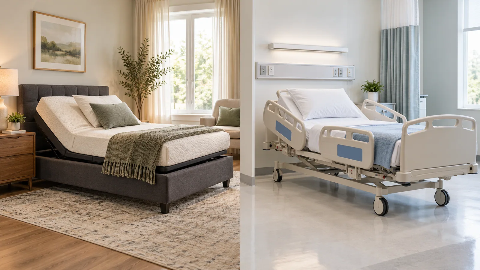 AI-generated comparison of a residential adjustable bed and a hospital-style medical bed