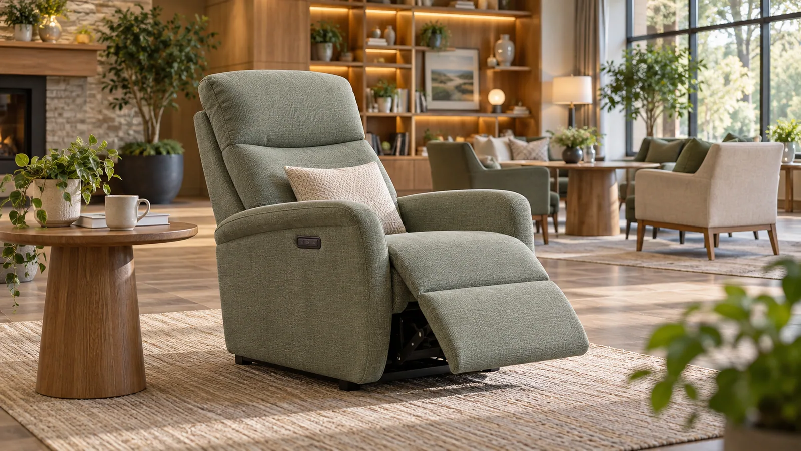 AI-generated adjustable leisure chair in a senior-living wellness lounge