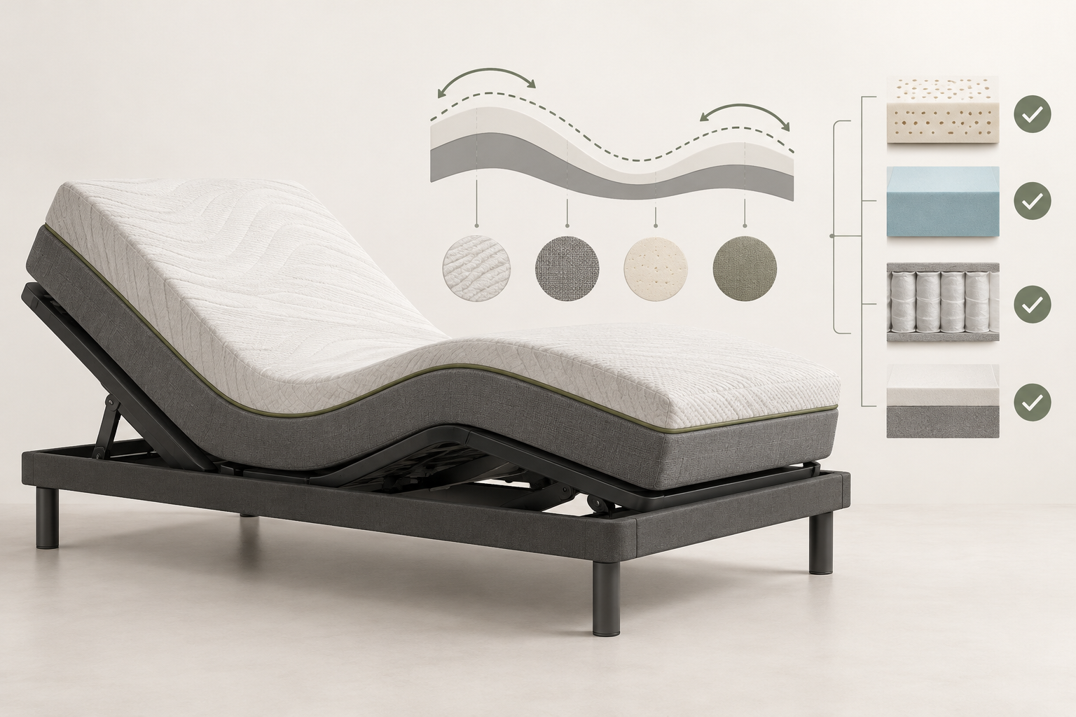 AI-generated editorial illustration of a generic adjustable bed base, flexible mattress and material-review checklist