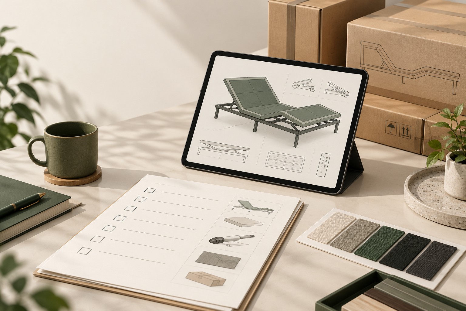 AI-generated editorial illustration of an adjustable bed technical drawing, quotation checklist, material swatches and flat-pack cartons