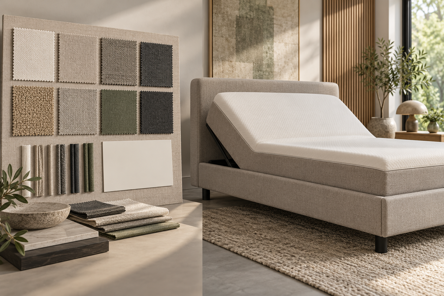 AI-generated editorial illustration of a generic upholstered adjustable bed beside an organized fabric selection board