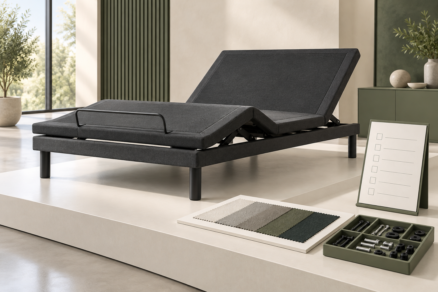 AI-generated editorial illustration of a generic adjustable bed sample with an approval checklist, material swatches and hardware tray