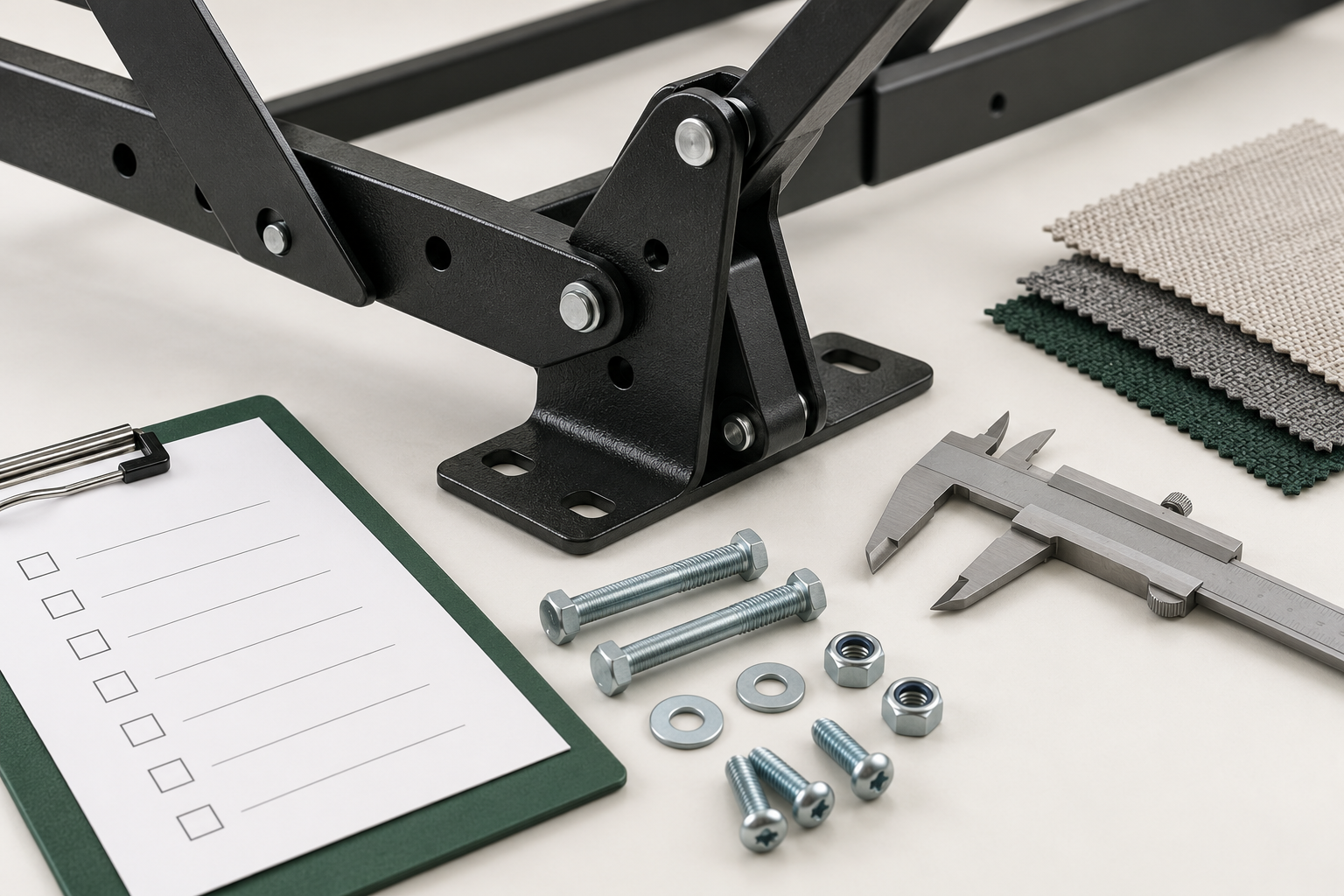 AI-generated editorial illustration of a generic adjustable bed hinge, fasteners, caliper, checklist and material swatches