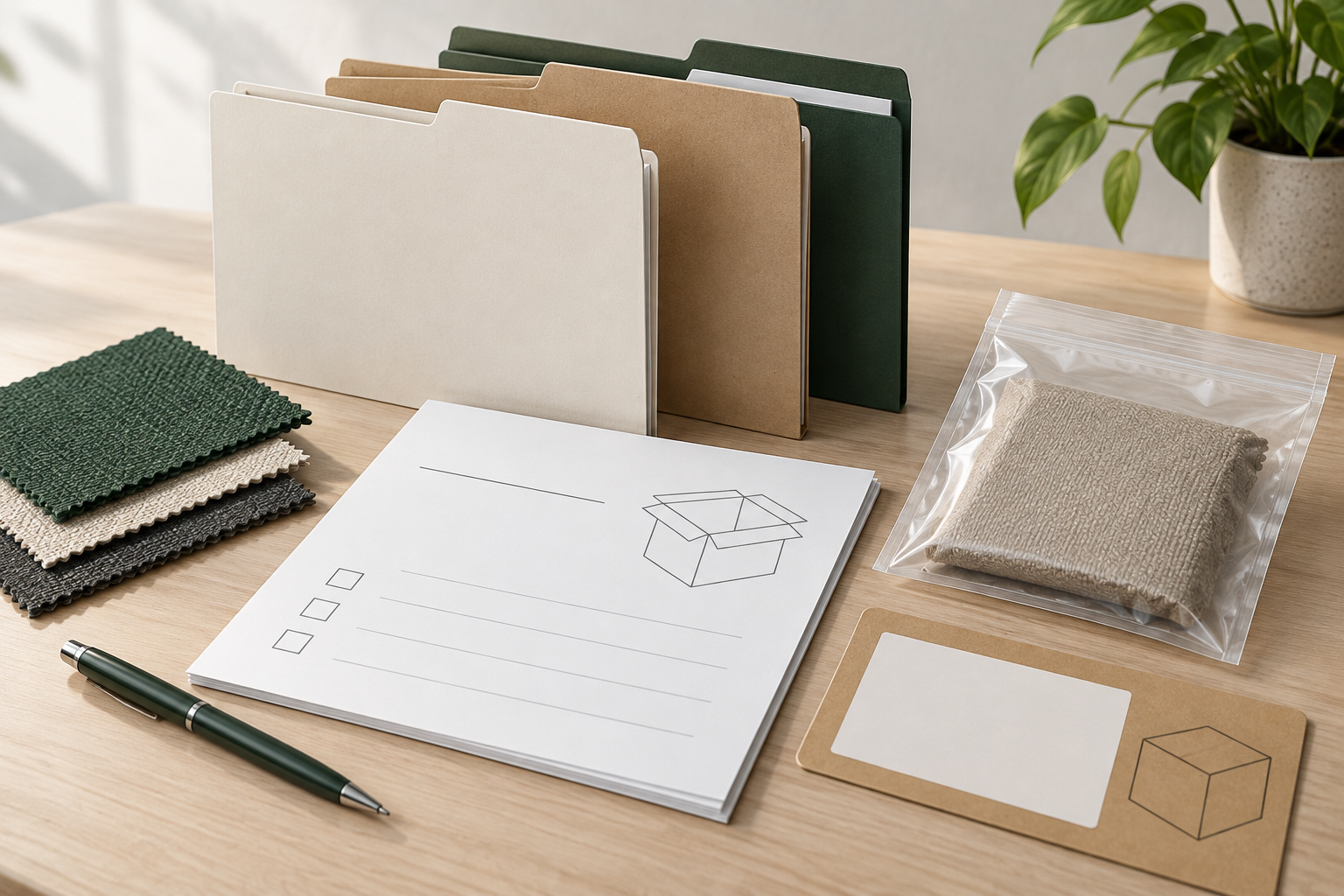 AI-generated editorial illustration of controlled approval folders, fabric samples, a blank packing diagram and a sample pouch