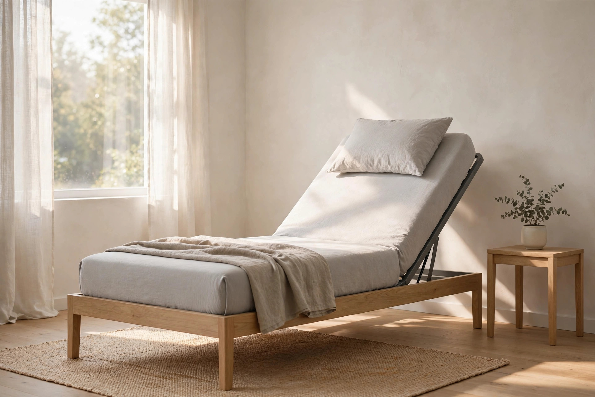 Minimalist bedroom with an adjustable bed base in morning light