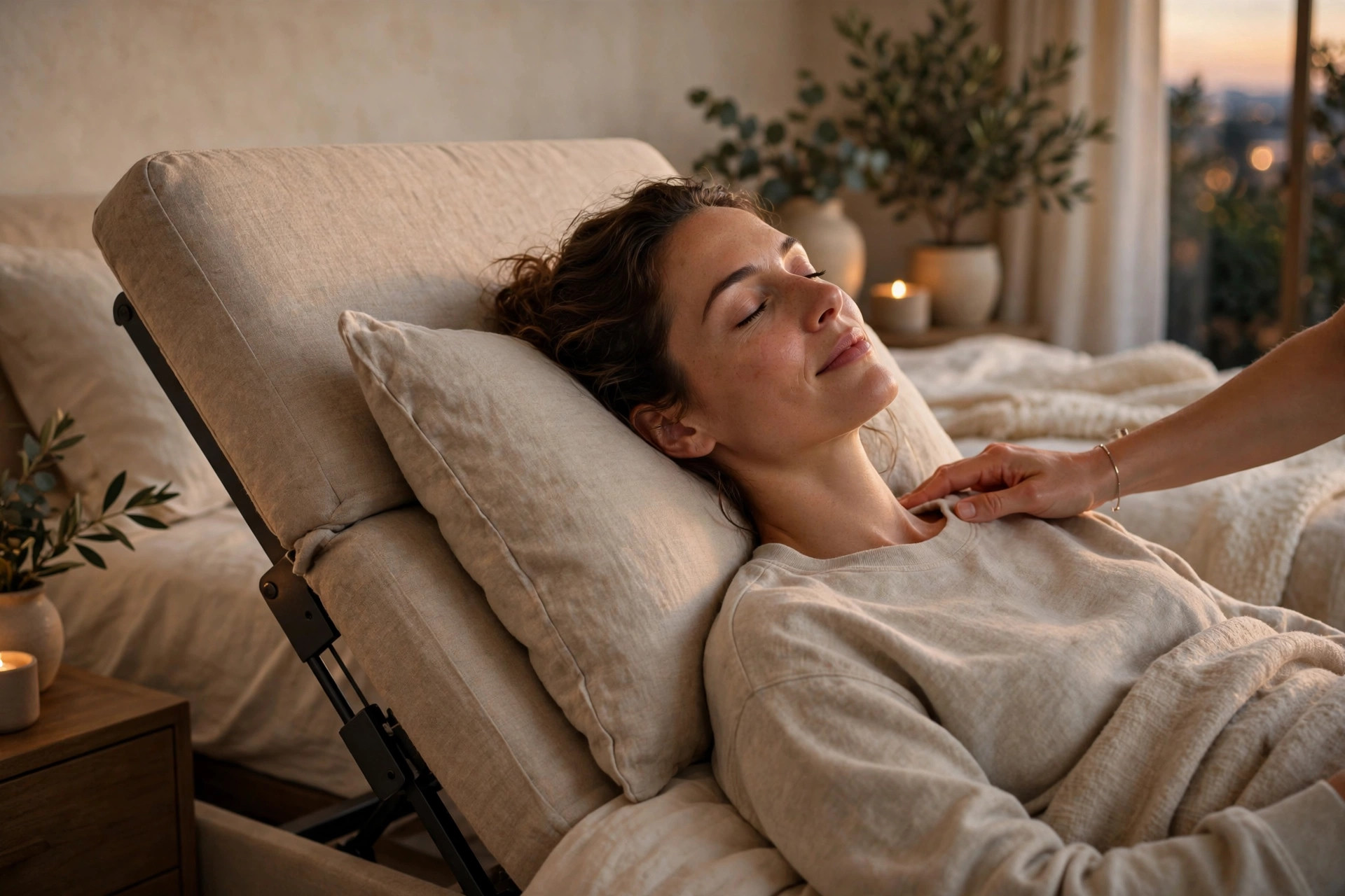 Person relaxing with massage on an adjustable bed in the evening