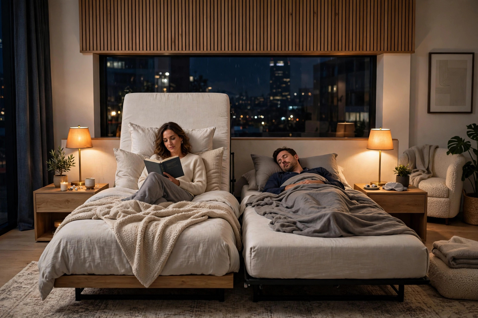 Couple using a split adjustable bed, one side raised for reading