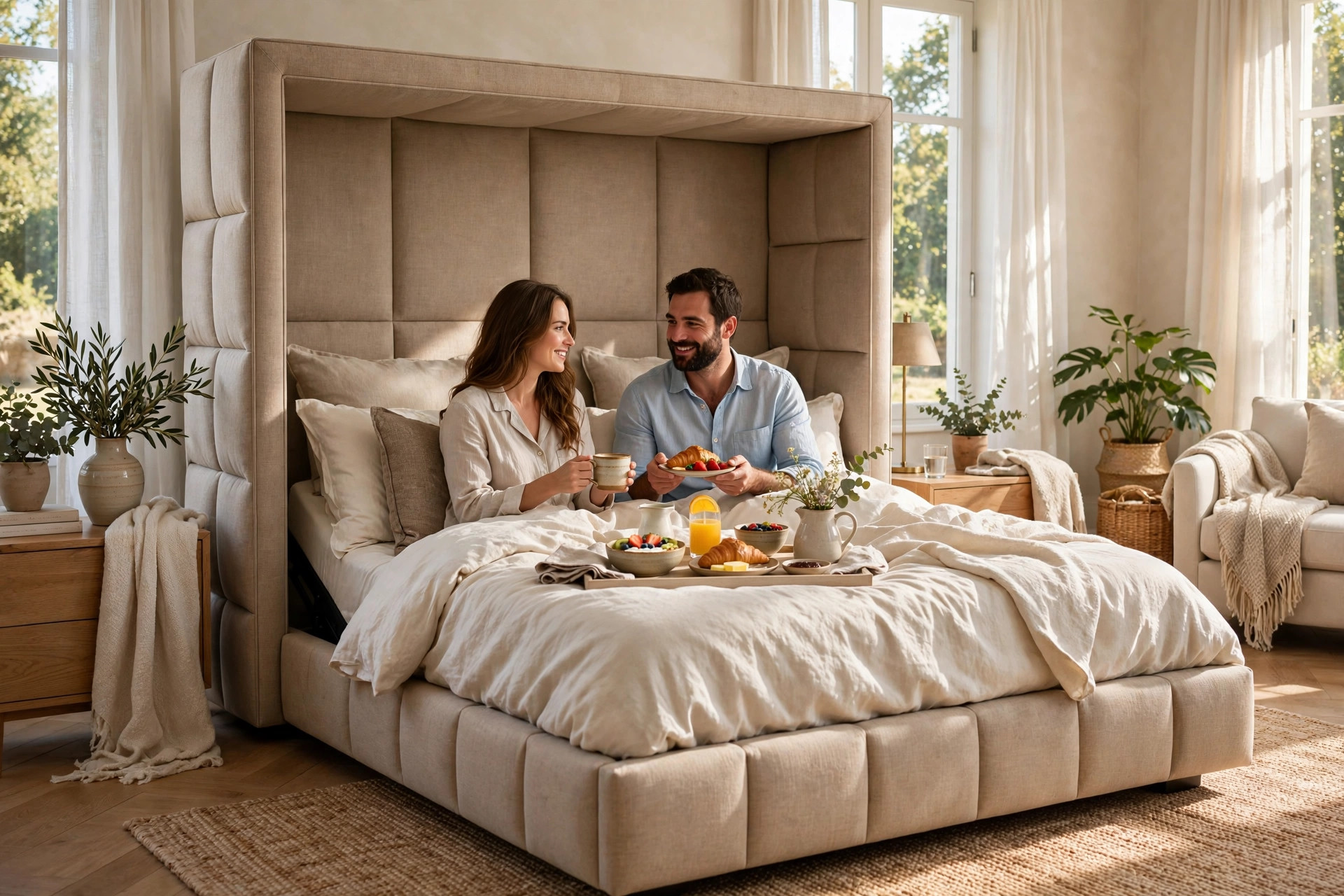 Couple having breakfast in bed on an upholstered adjustable bed
