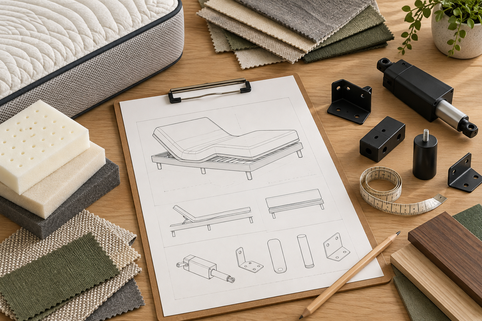 AI-generated editorial still life of a generic adjustable sleep-system drawing, material samples and components prepared for sample review