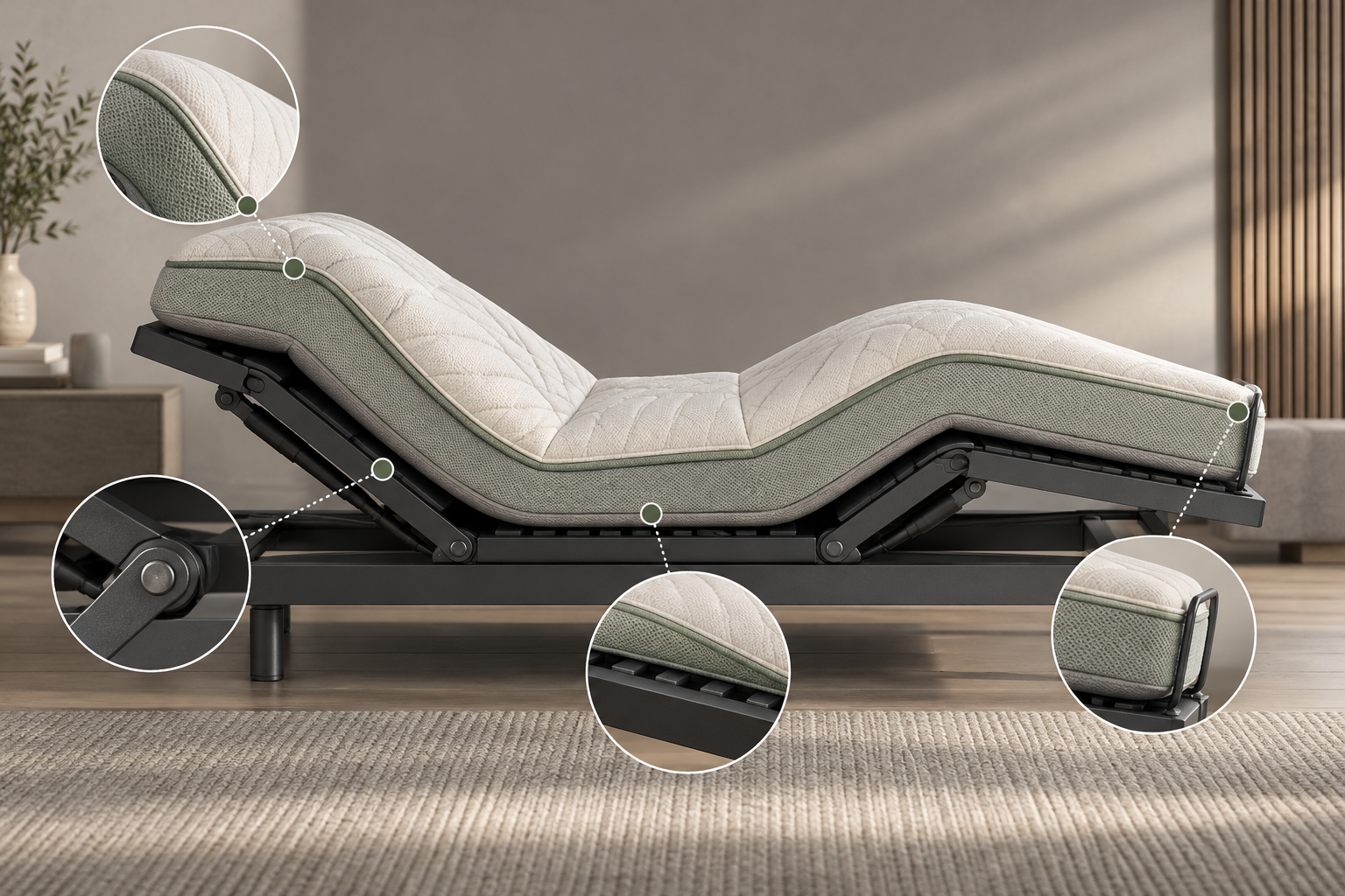 AI-generated editorial illustration of generic mattress flex zones, platform hinges, interface and retainer checkpoints