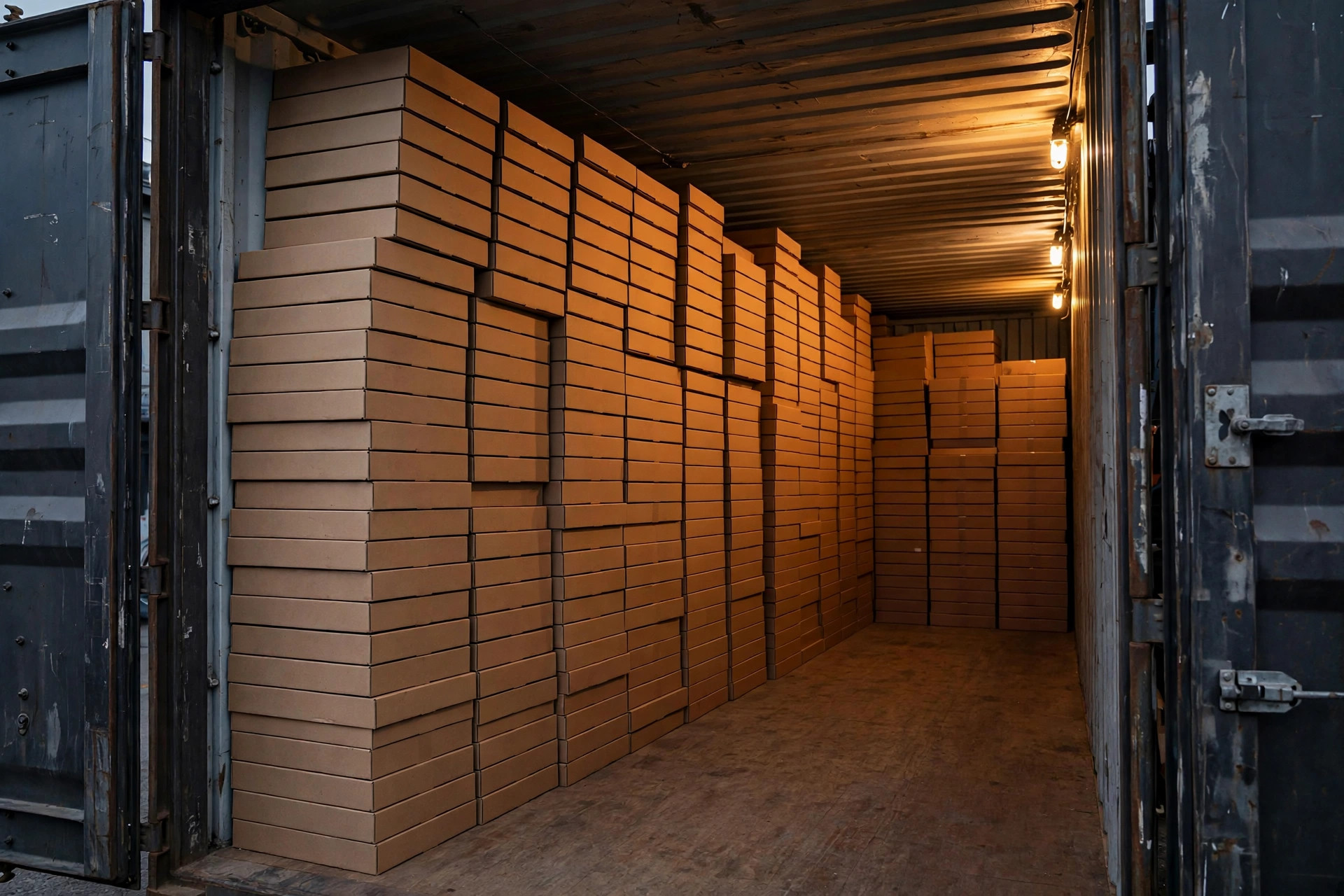 Inside a 40HQ shipping container loaded with flat-packed bed frame cartons