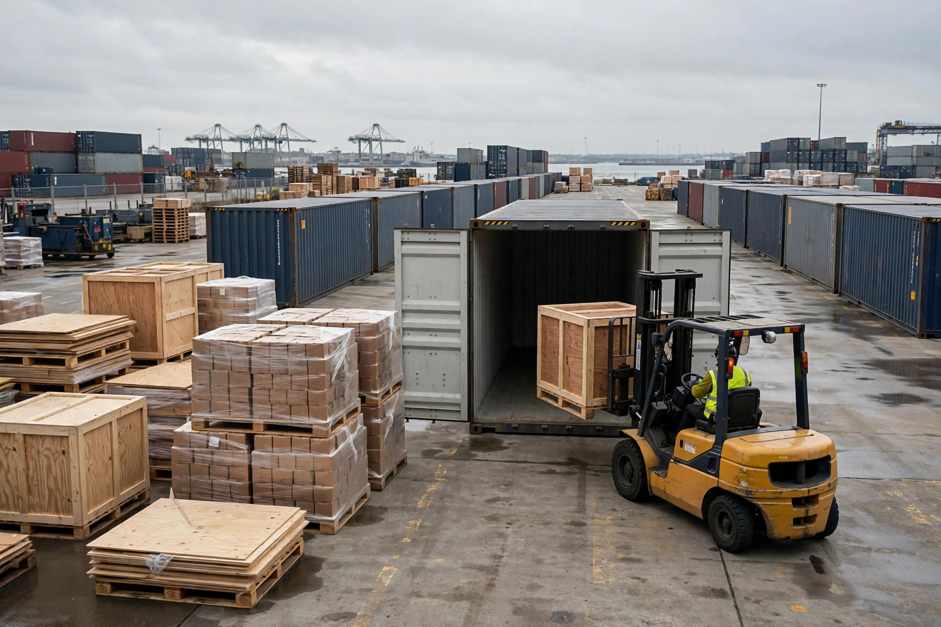 Shipping containers being loaded with flat-packed furniture freight — illustrative scene, not a product photo