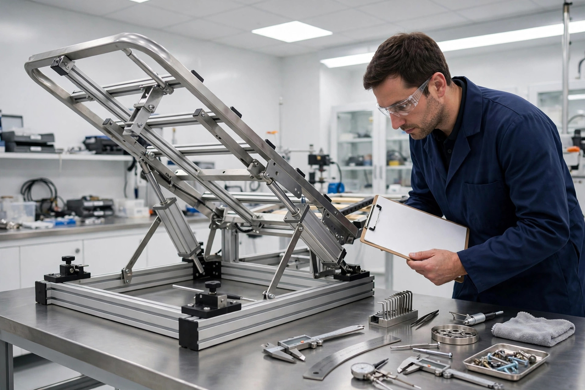 QC inspector examining an adjustable bed frame on a testing rig