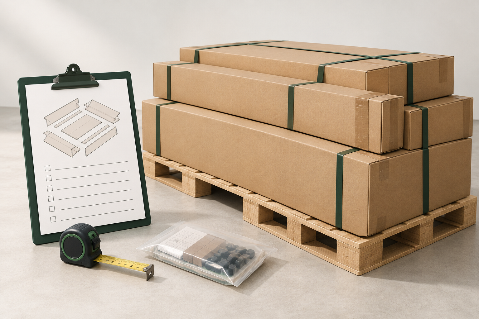AI-generated editorial illustration of plain flat-pack cartons, a packaging checklist and a packing-diagram document