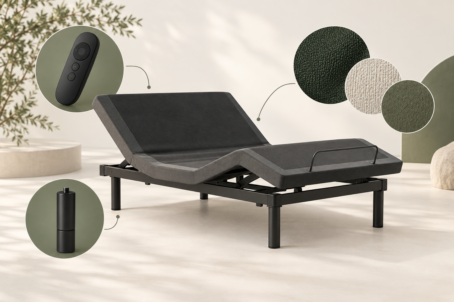 AI-generated editorial illustration of a generic adjustable bed base with a control, leg and upholstery-material options