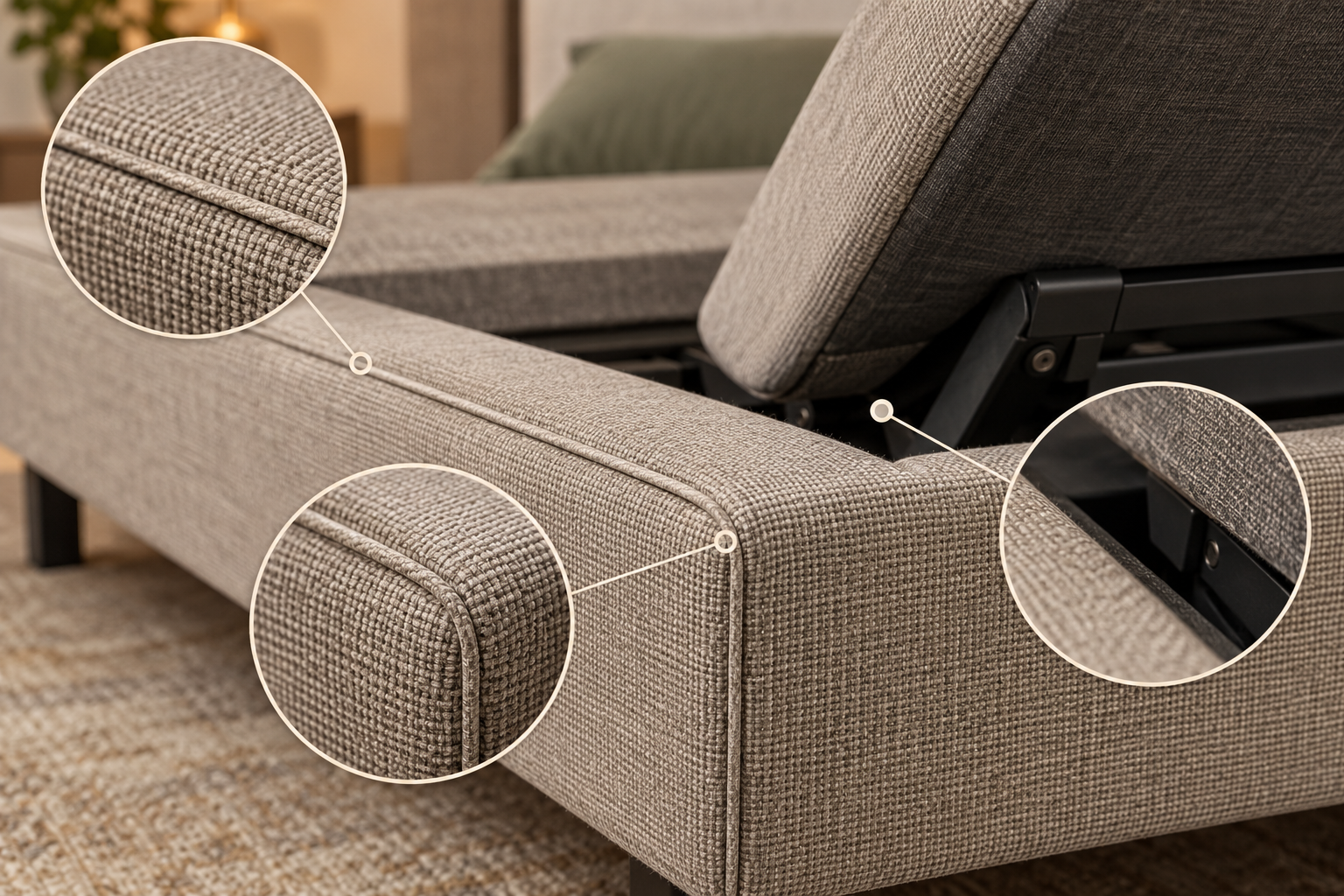 AI-generated editorial close-up of generic upholstery seam, wrapped corner and motion-clearance review zones