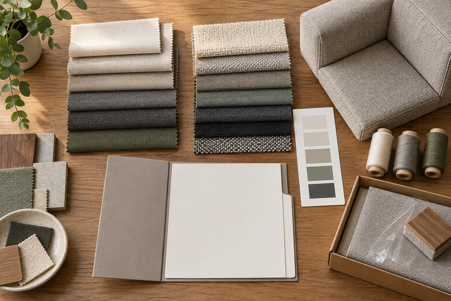 AI-generated editorial tabletop with generic fabric swatches, thread, colour references and a blank approval folder