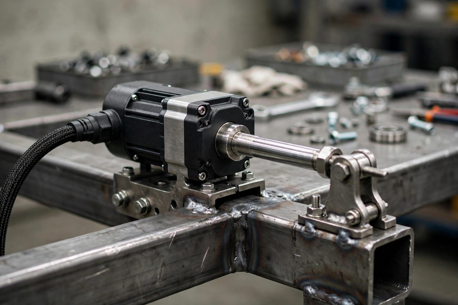 Close-up of an electric linear actuator on a bed frame