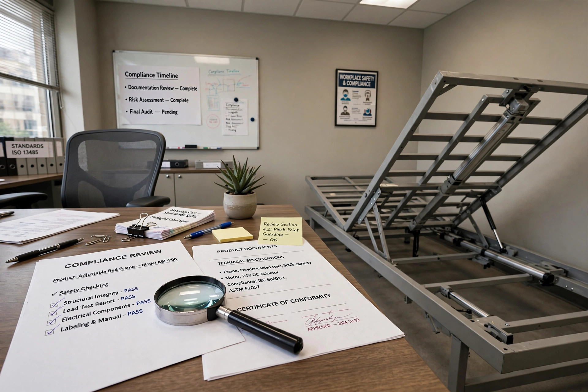Compliance review desk with product documents and magnifier beside a generic adjustable bed frame