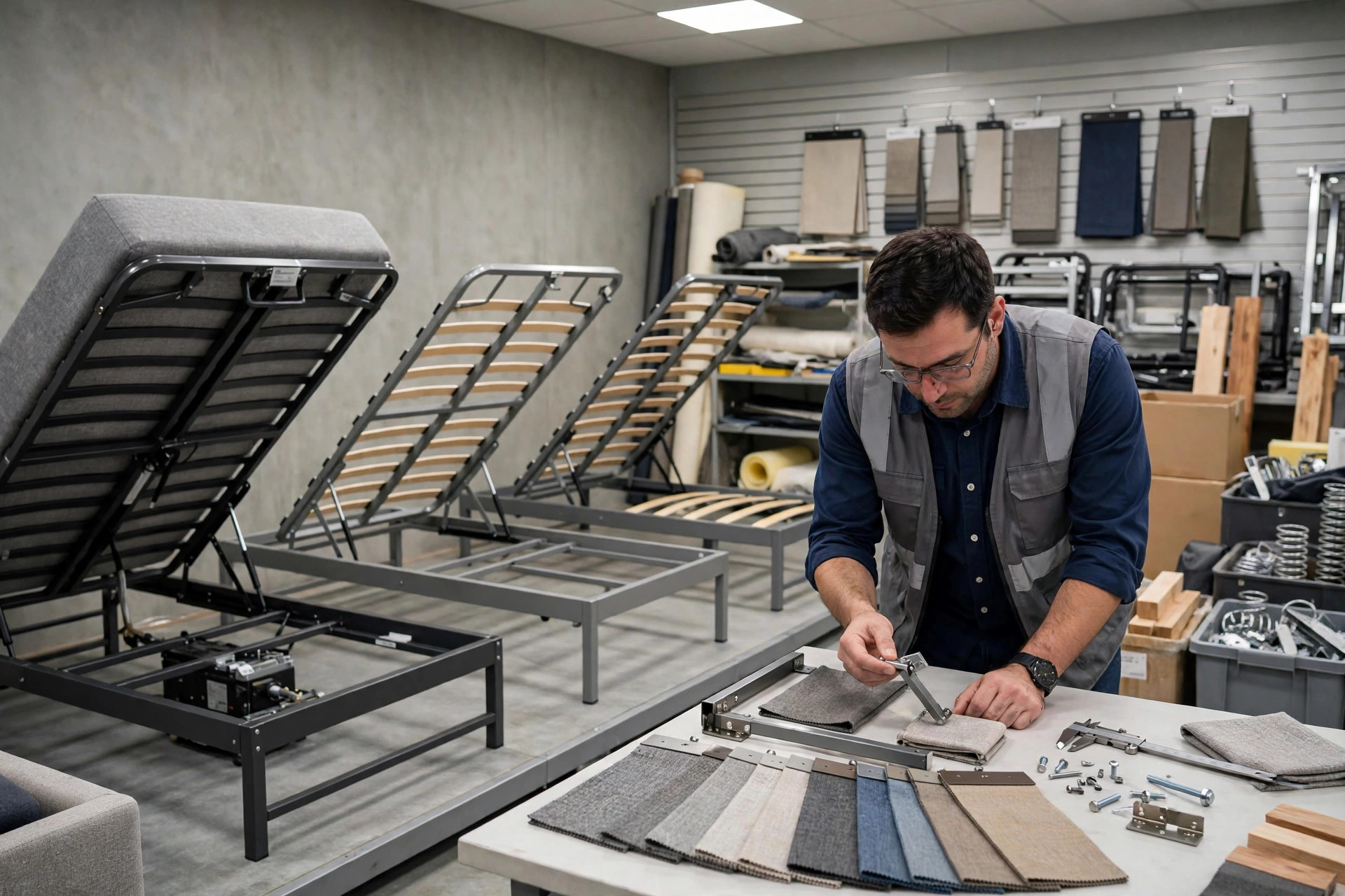 A golden reference sample of an adjustable bed frame in a factory sample room
