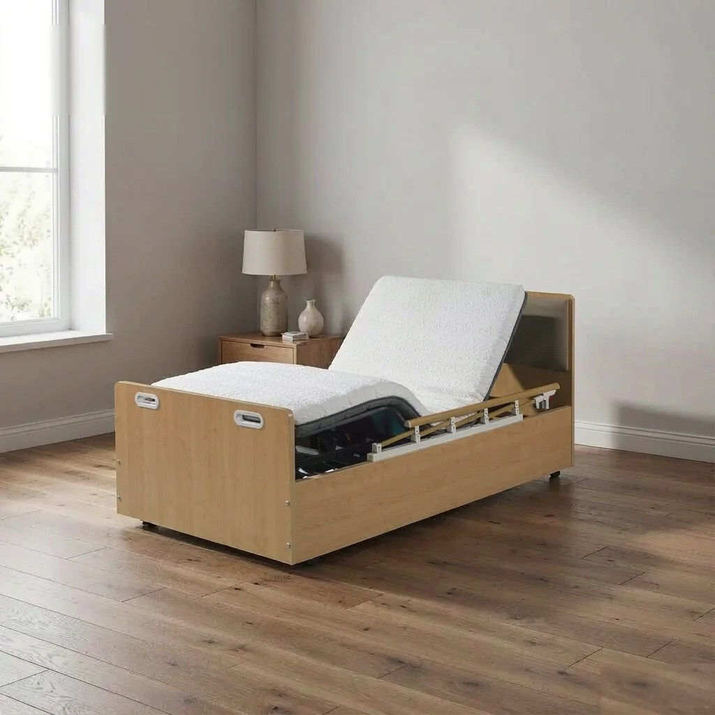 Home-care style adjustable bed in a warm bedroom