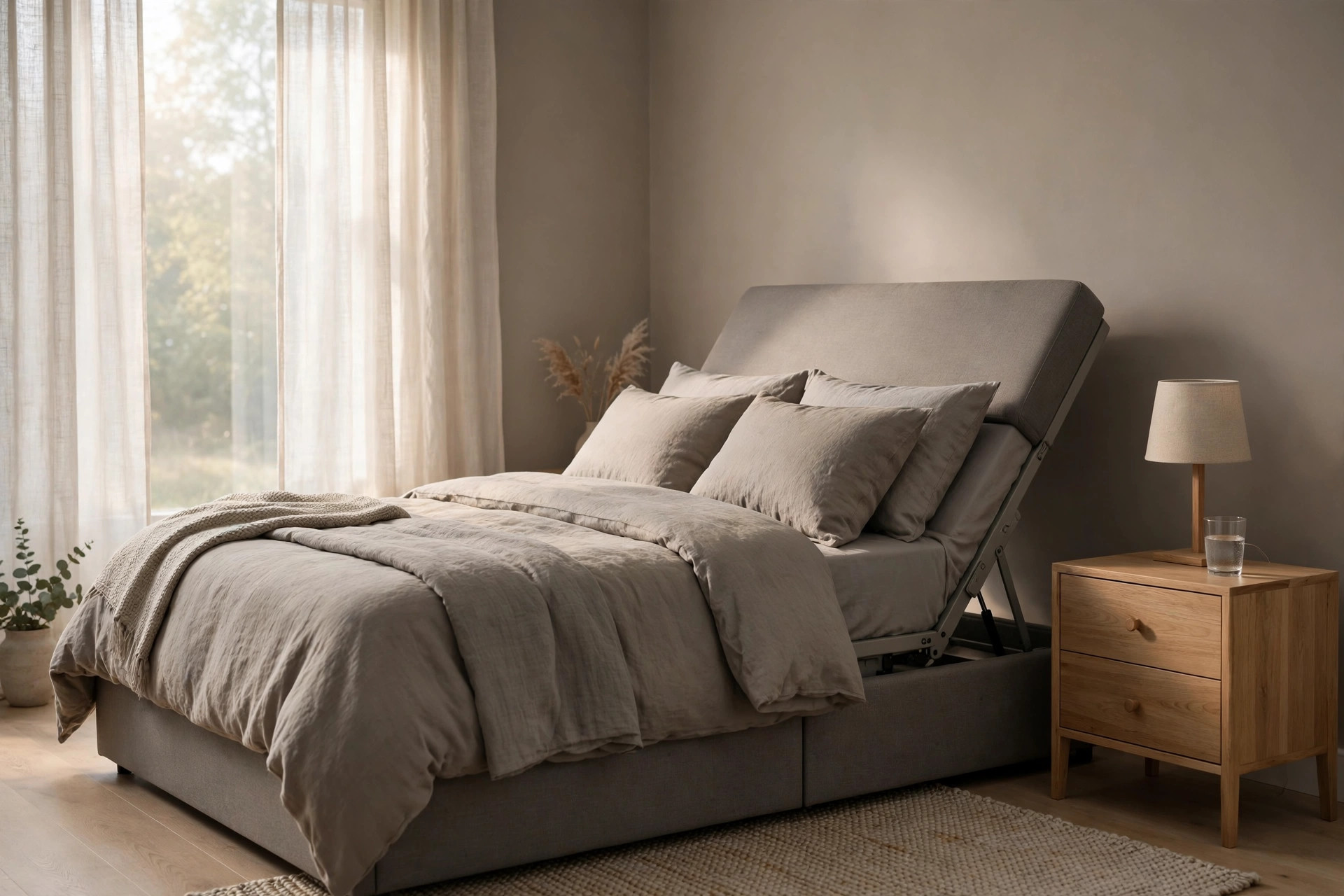 Photorealistic lifestyle scene of a wall-hugger adjustable bed beside a nightstand (scenario illustration)