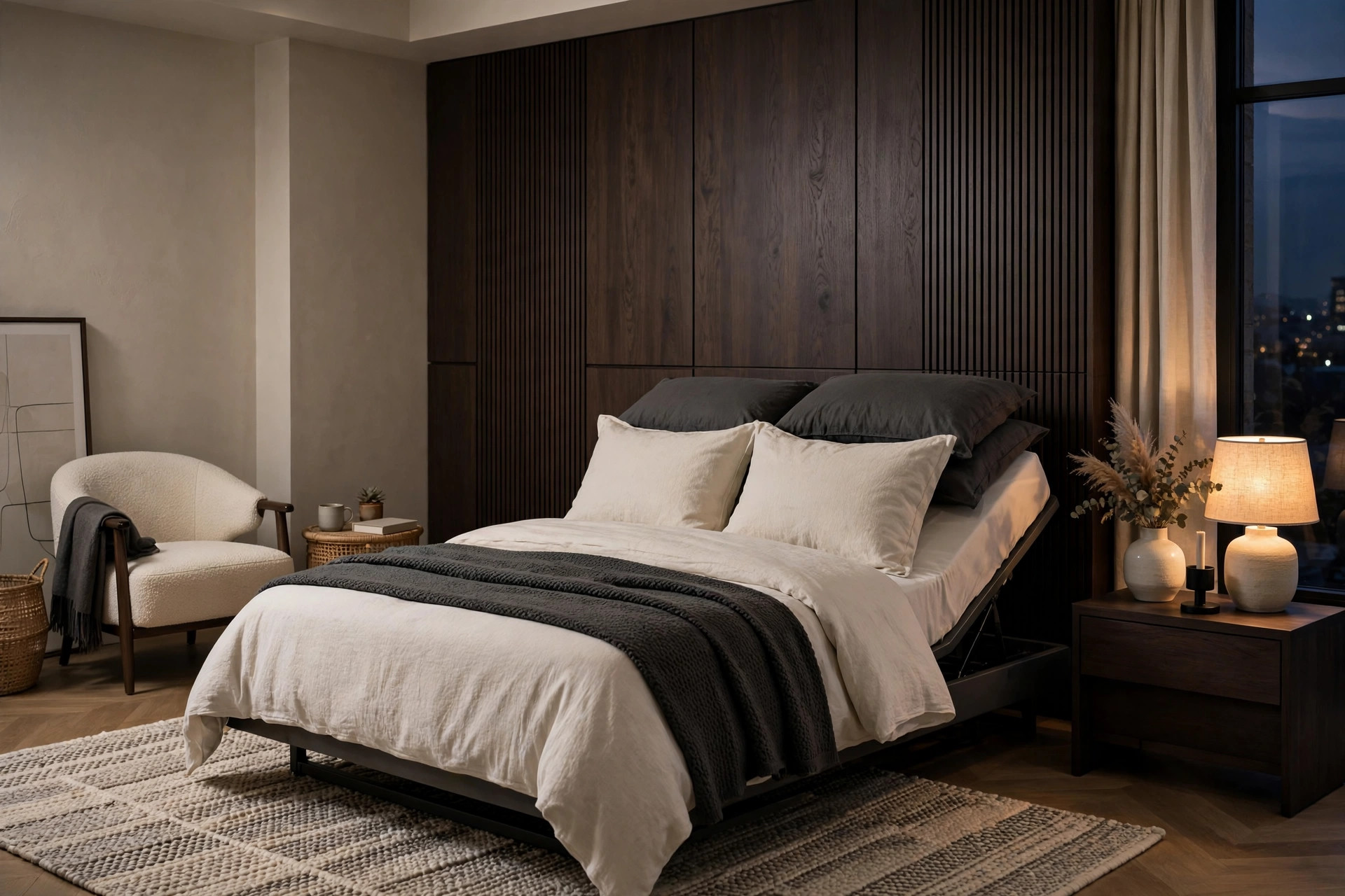 Photorealistic lifestyle scene of a slide-back adjustable bed in a modern bedroom (scenario illustration)