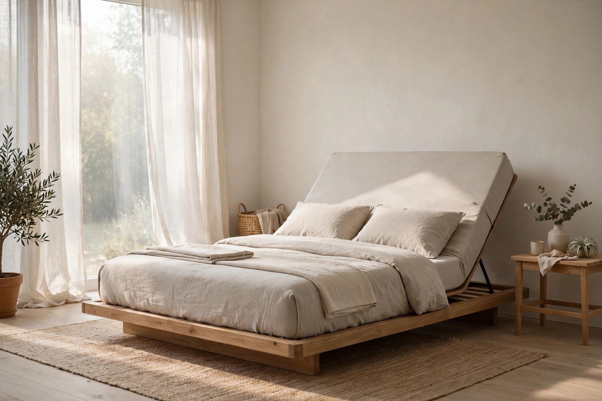 Fully-enclosed split-head electric mattress with the head section raised, sitting on a flat bed board in a modern bedroom