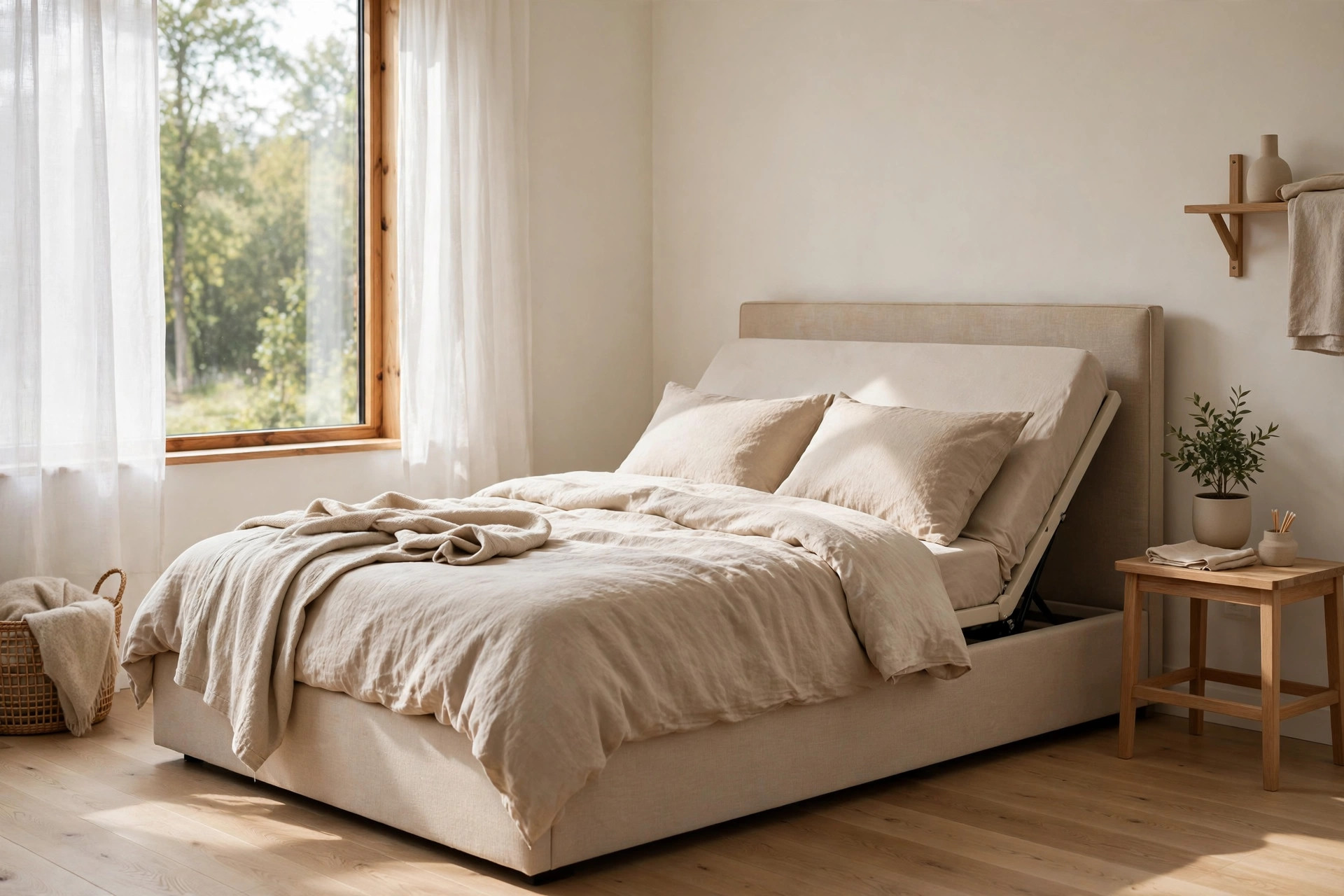 Photorealistic lifestyle scene of an adjustable bed in a modern bedroom (scenario illustration)