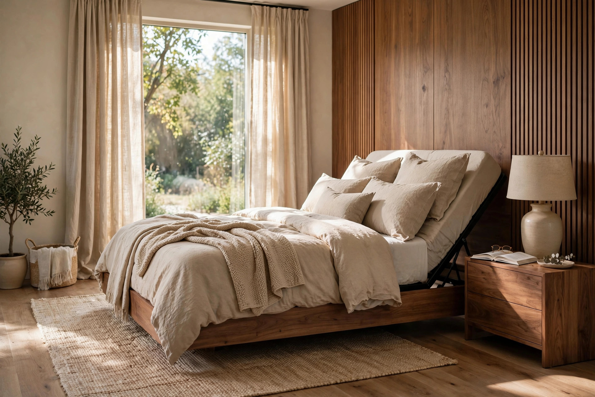 Photorealistic lifestyle scene of an adjustable bed in a modern bedroom (scenario illustration, not a photo of the actual product)