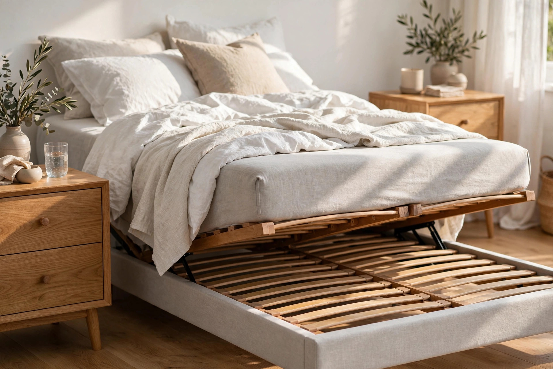 Photorealistic lifestyle scene of an adjustable bed with slatted deck in a modern bedroom (scenario illustration, not a photo of the actual product)