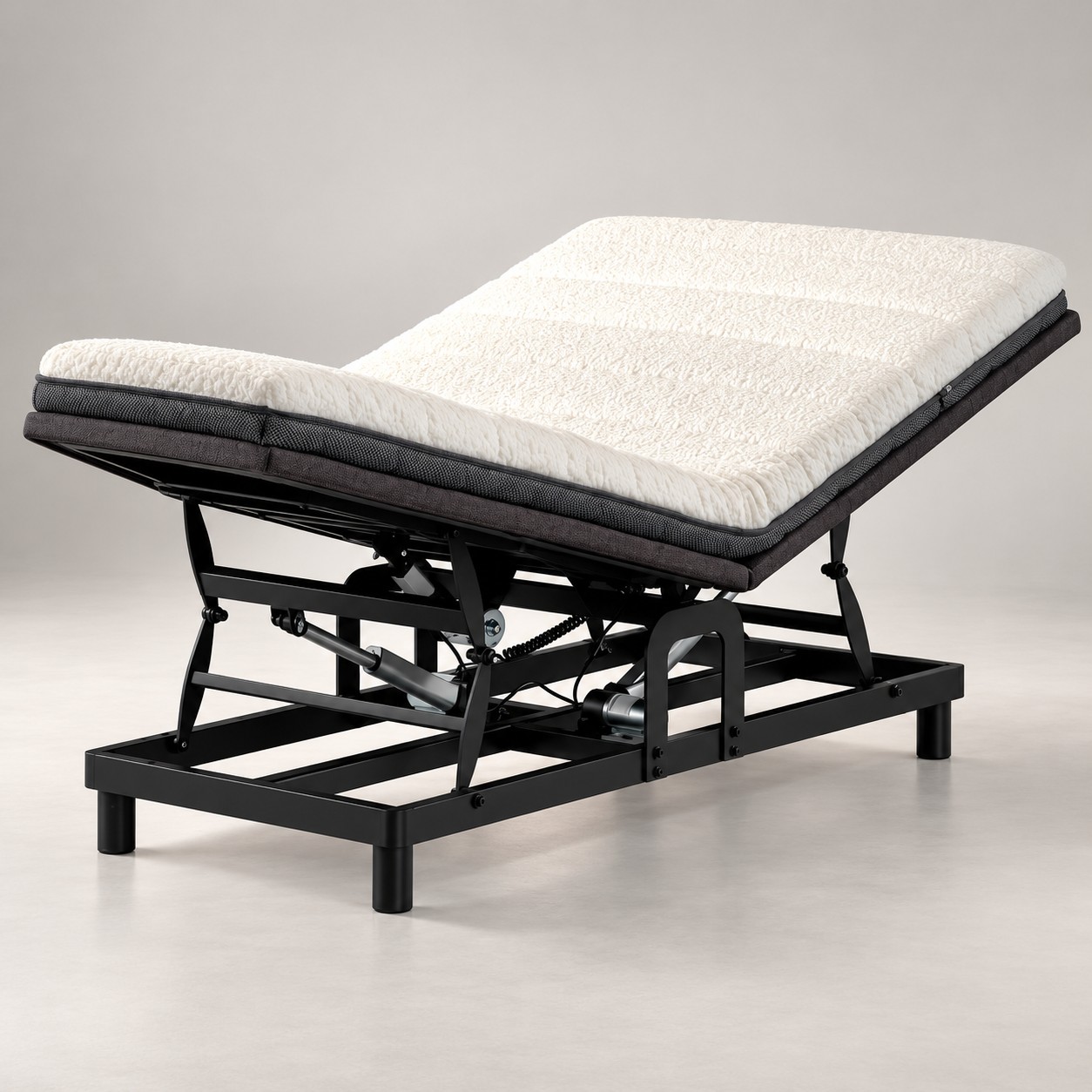 Adjustable bed base in a bright senior-friendly bedroom