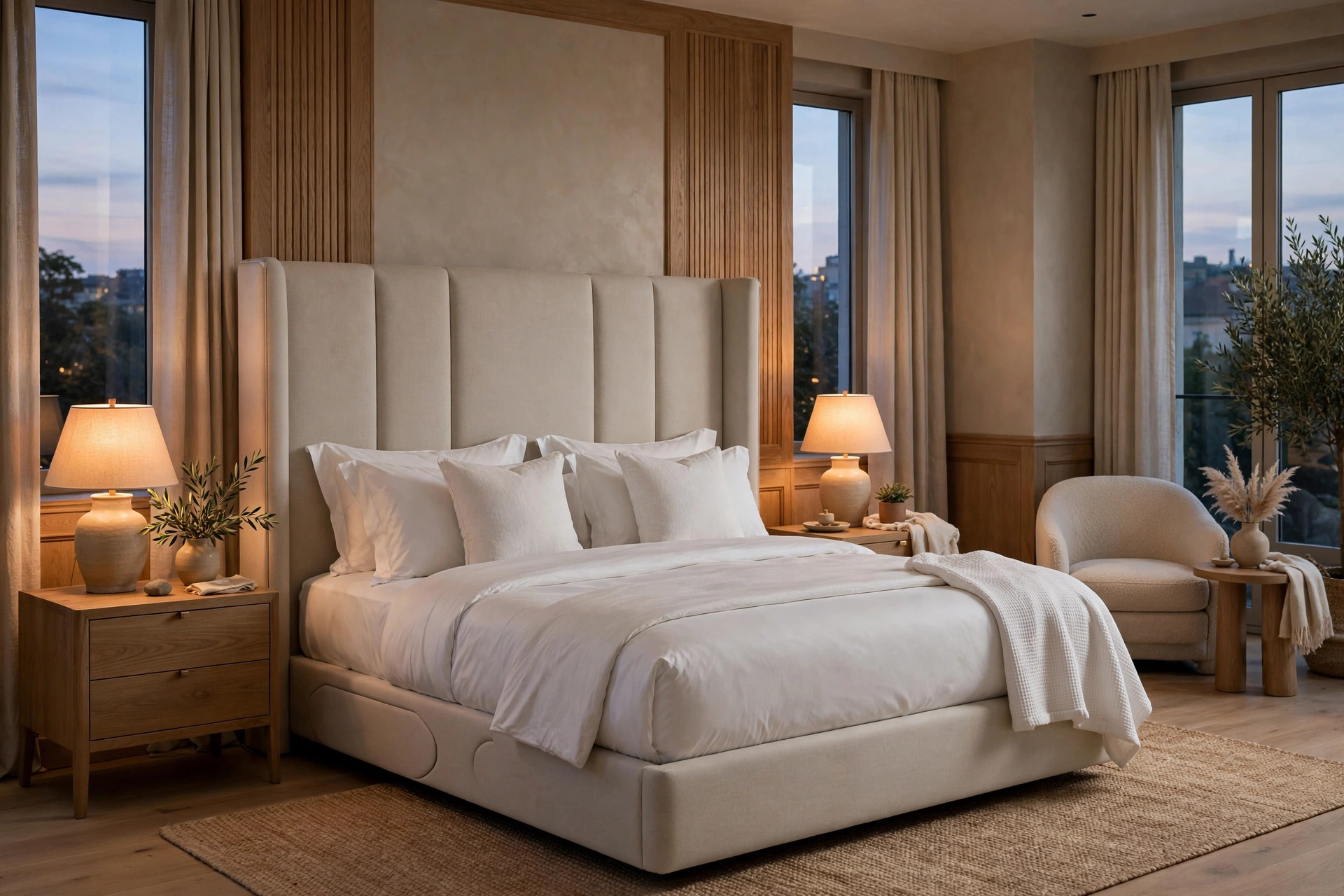 KR001 upholstered smart bed in king format with tailored headboard upholstery, shown in a styled bedroom interior