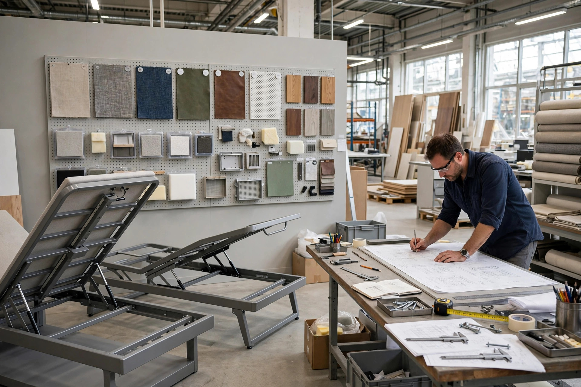 Furniture factory sample room with bed frame prototypes and an engineer reviewing drawings