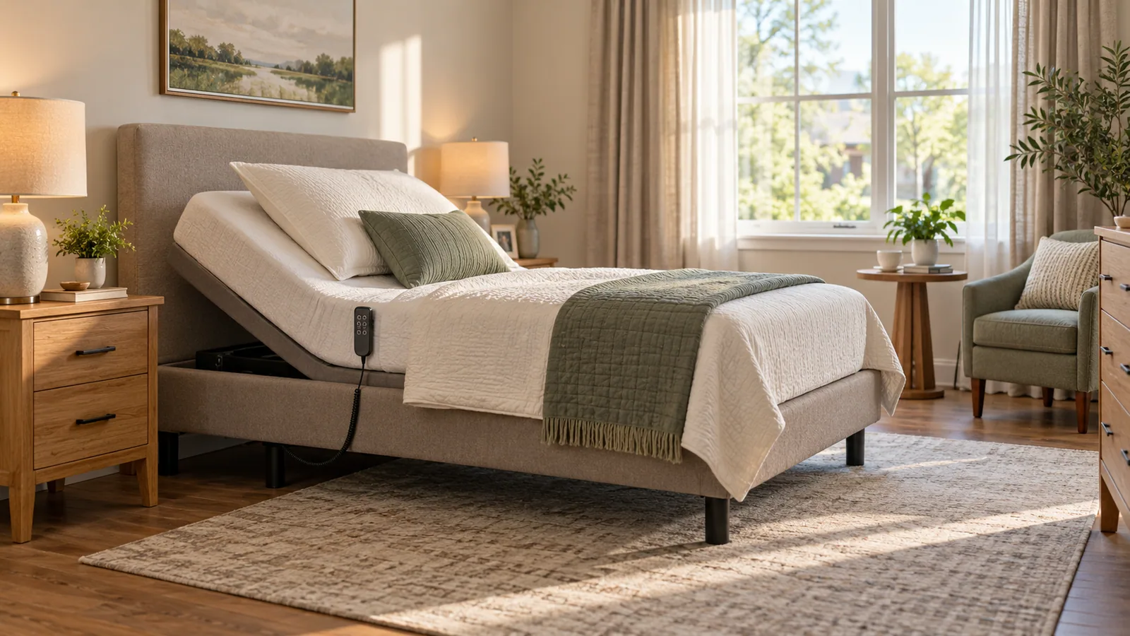 AI-generated senior-living bedroom with a generic adjustable sleep system