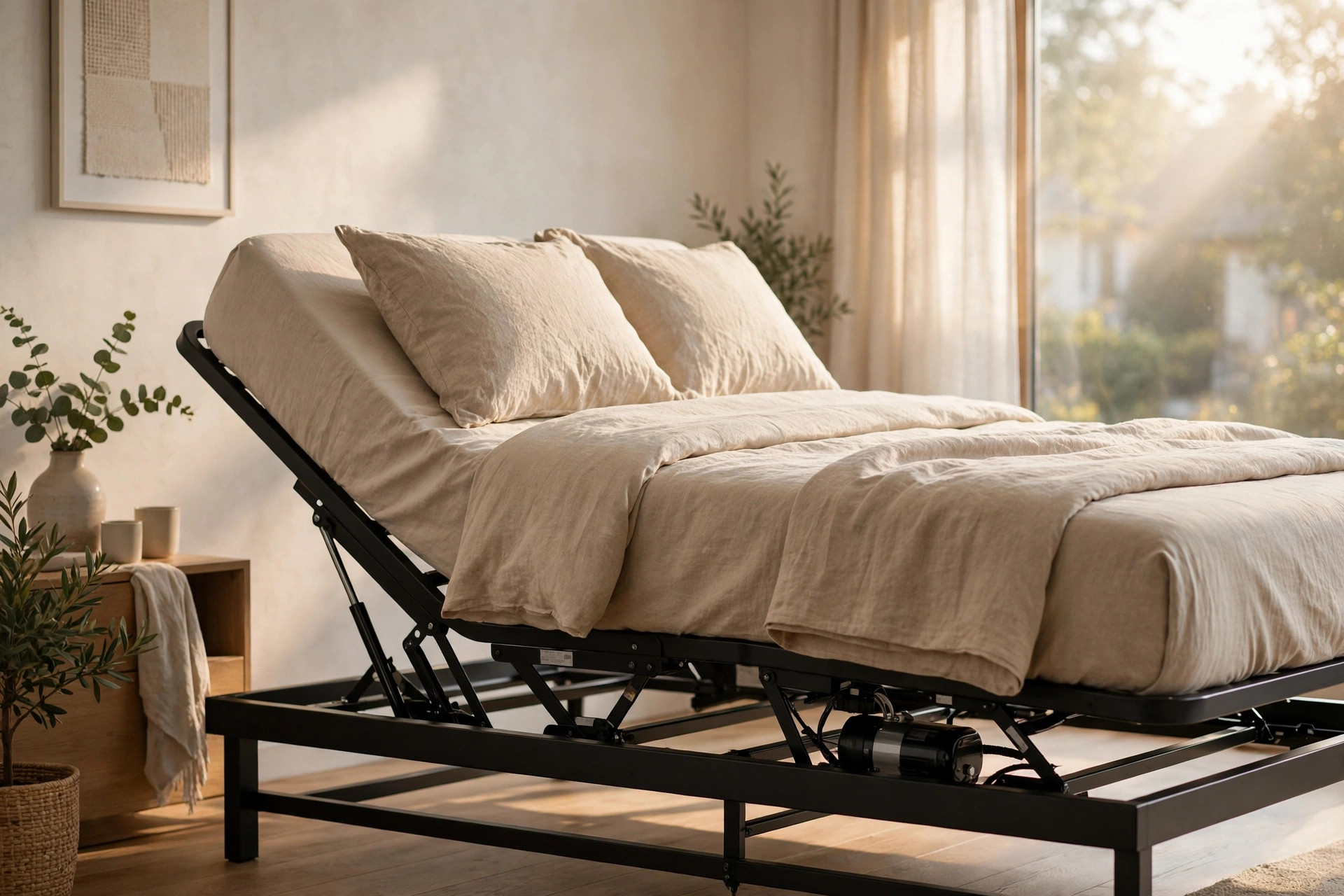 Adjustable bed frame with raised head section and visible lifting mechanism in a modern bedroom