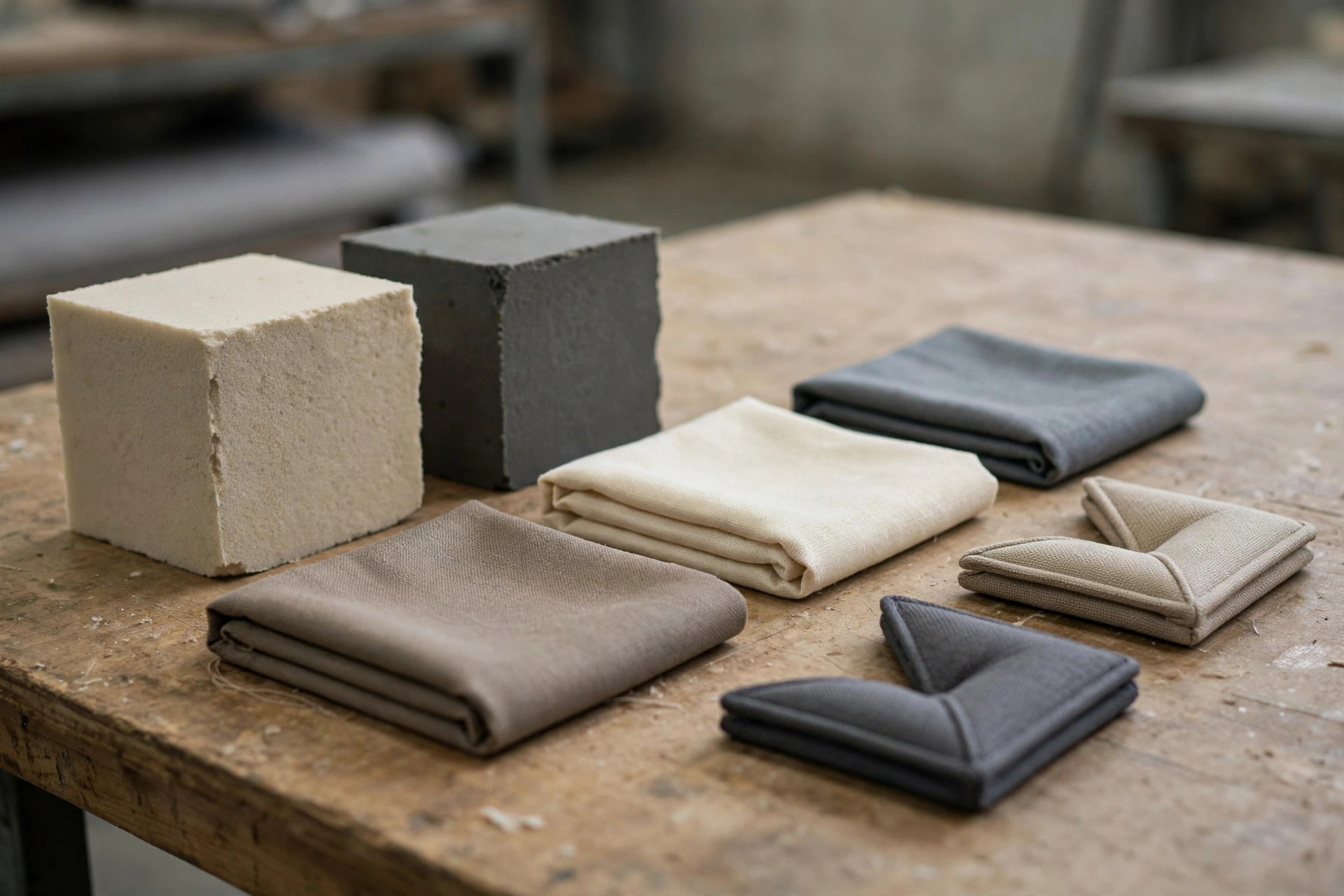Generic upholstery material samples on a factory workbench
