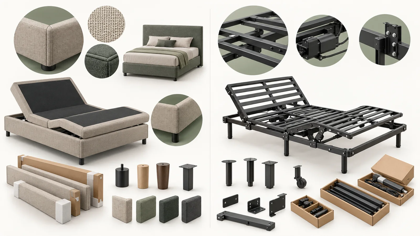 AI-generated upholstered and open-frame adjustable base comparison