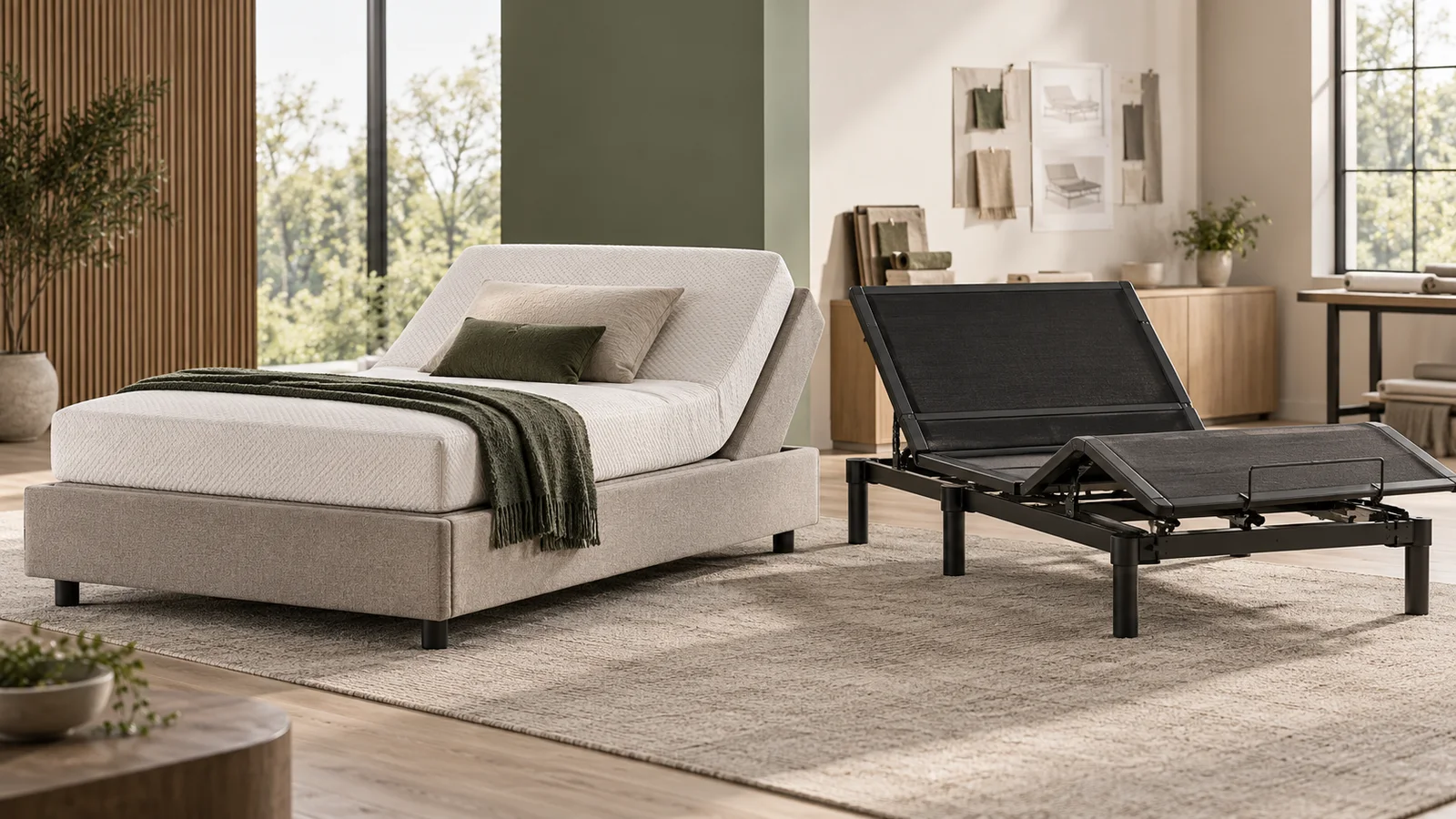 AI-generated comparison of upholstered and open-frame adjustable bed bases