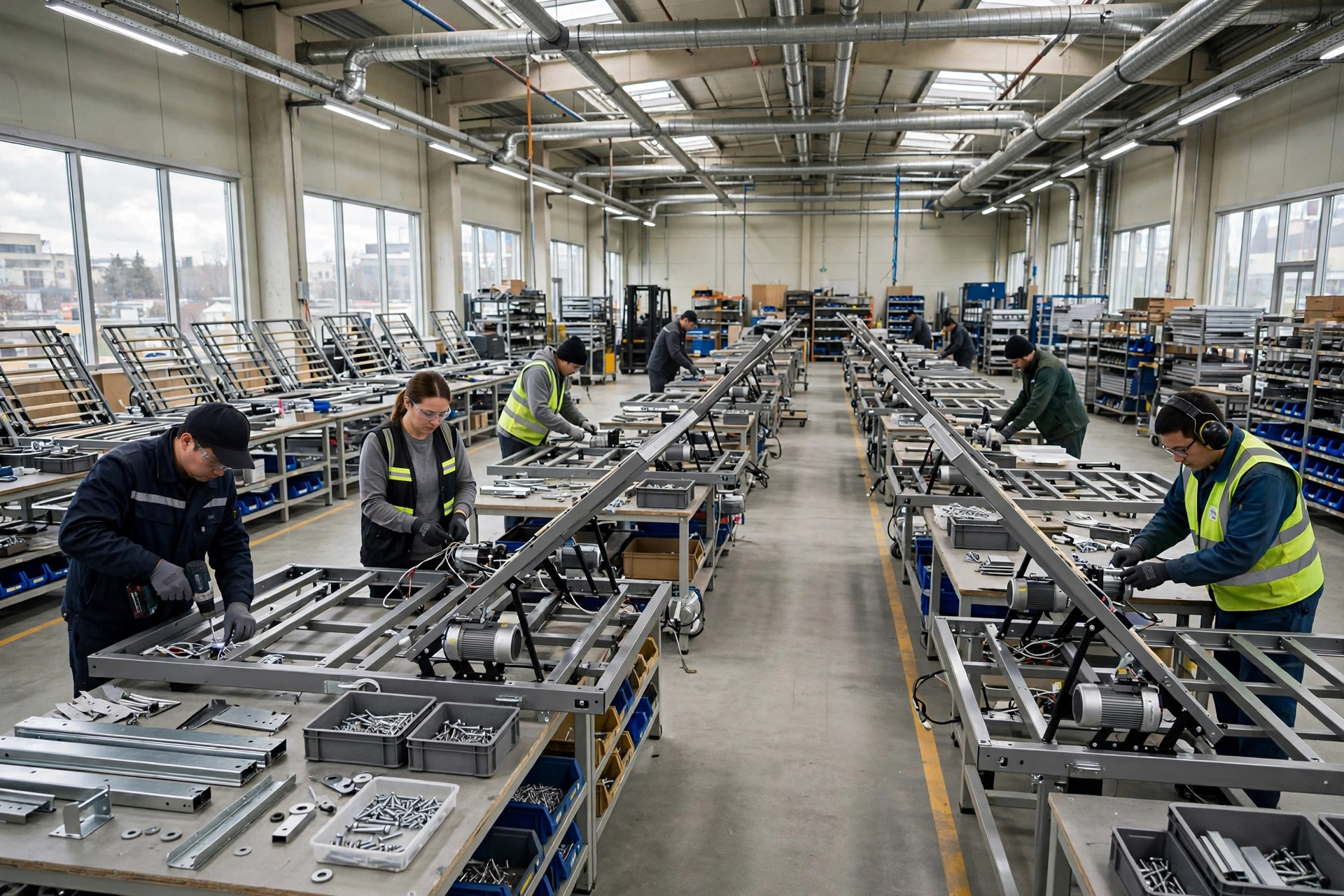 A remote video factory audit in progress over an adjustable bed production line