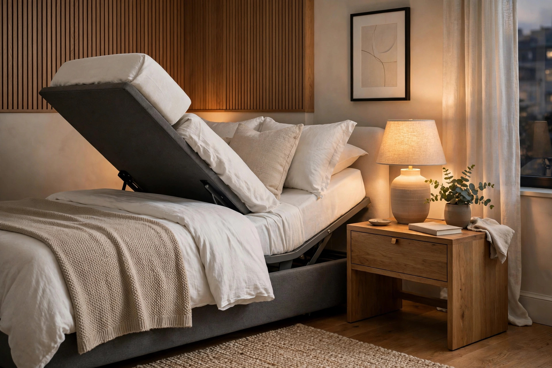 Adjustable bed with headrest raised close to the nightstand in a modern bedroom