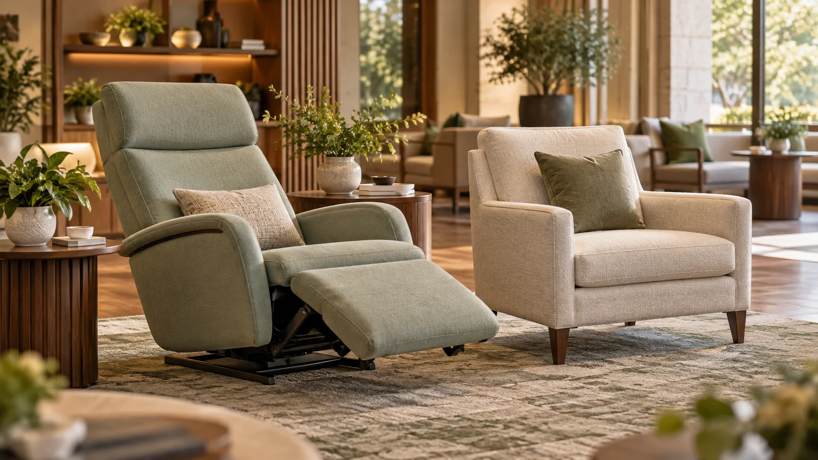 AI-generated comparison of an adjustable leisure chair and a fixed lounge chair