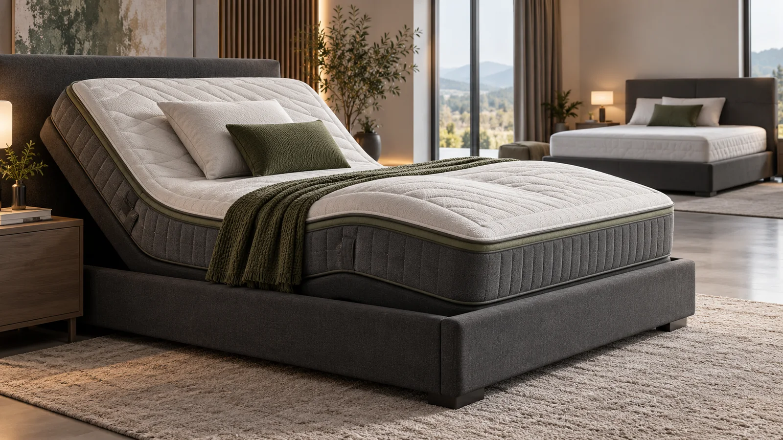 AI-generated adjustable motion mattress concept in a premium residential bedroom