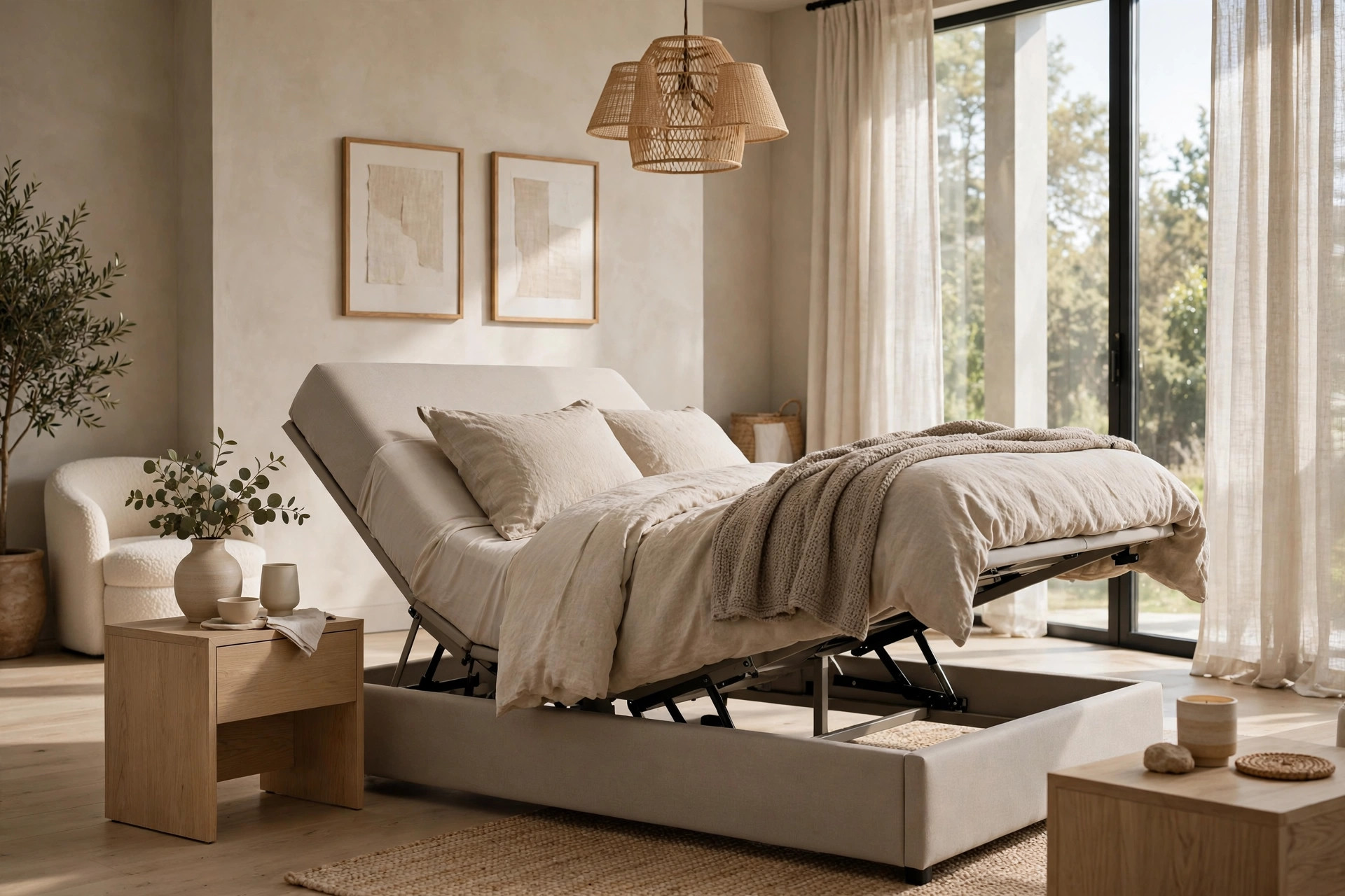 Adjustable bed in zero-gravity position with head and knees elevated in a bright bedroom